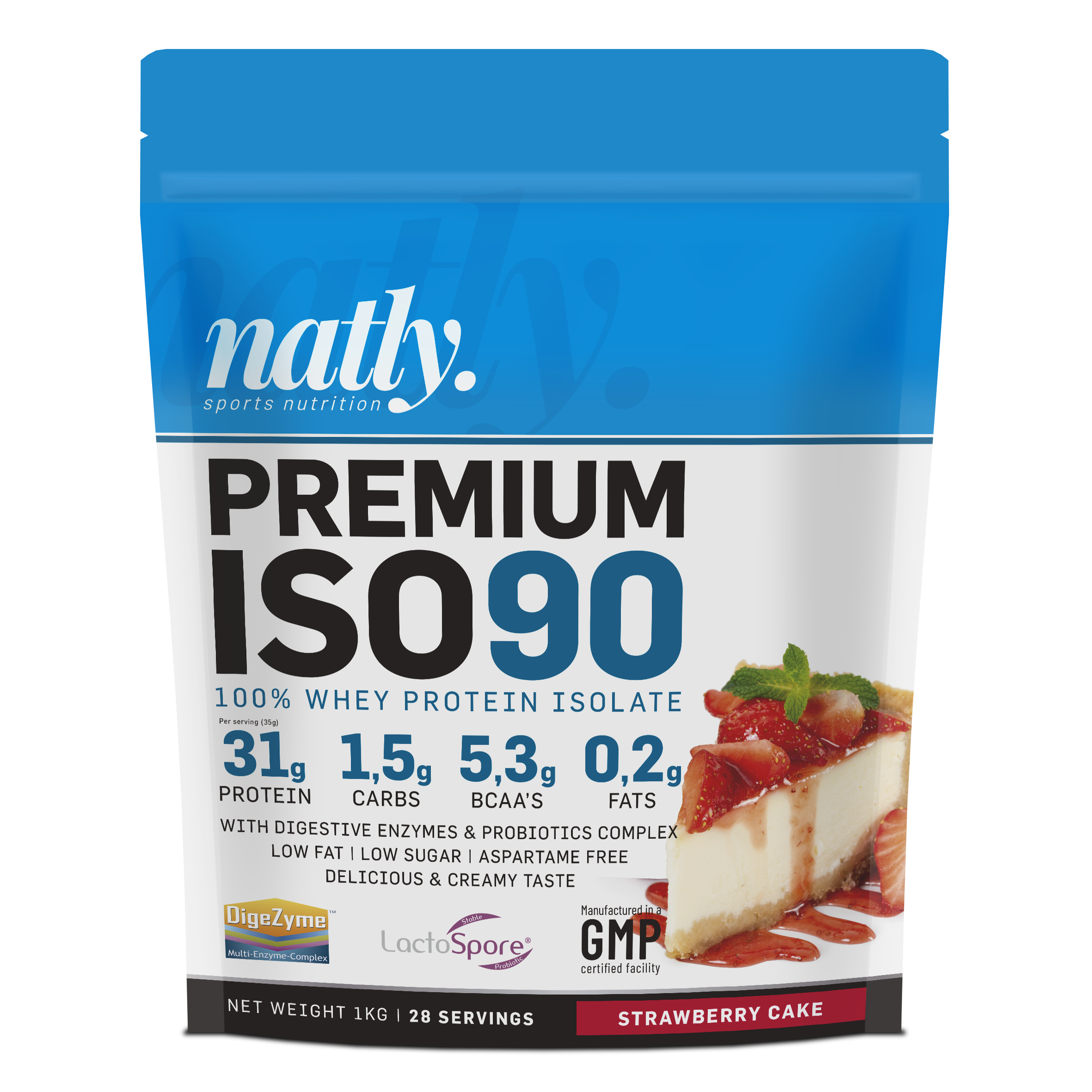 Natly Premium ISO90 1kg sabor Strawberry Cake