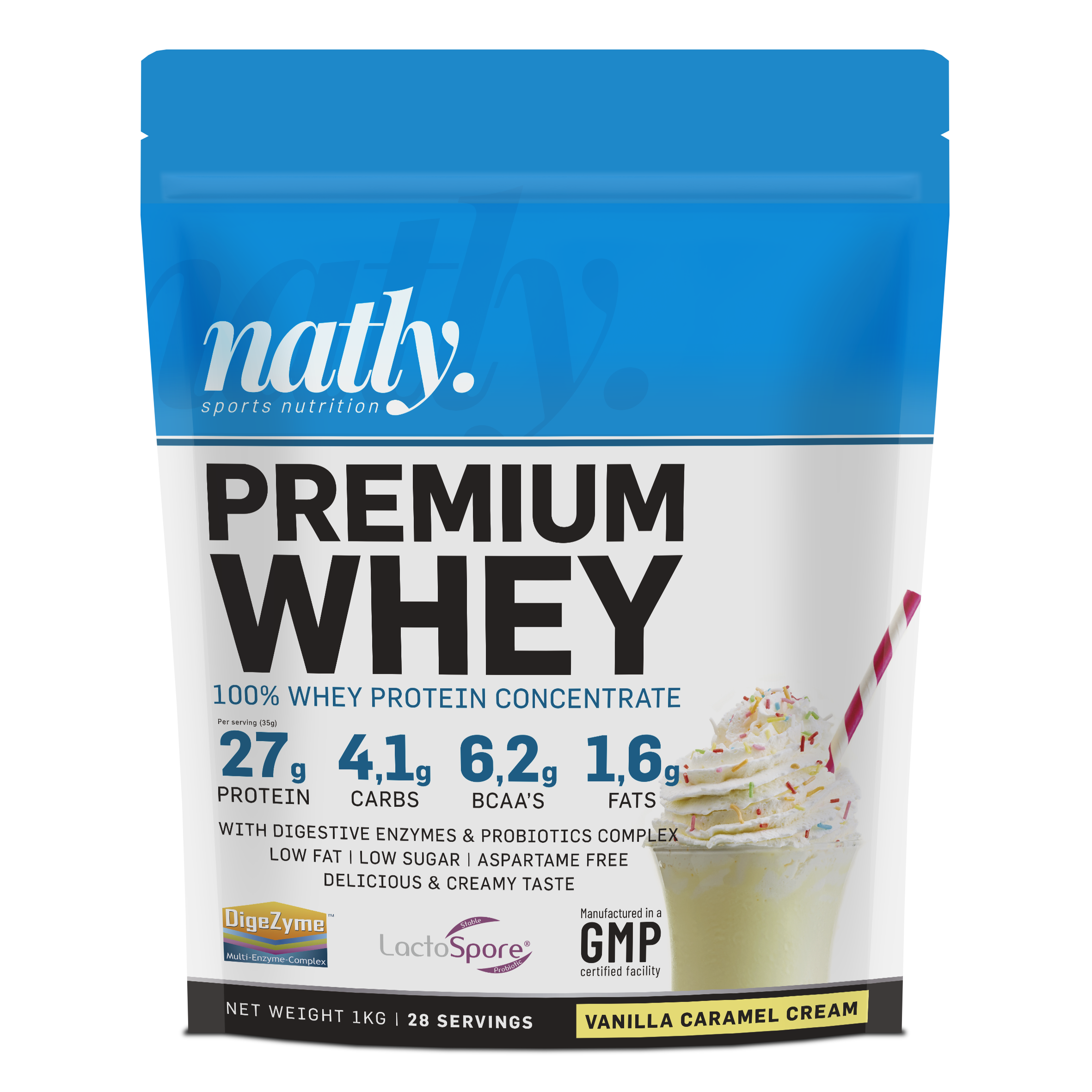 Natly Premium Whey 1kg sabor Vanilla Caramel Cream