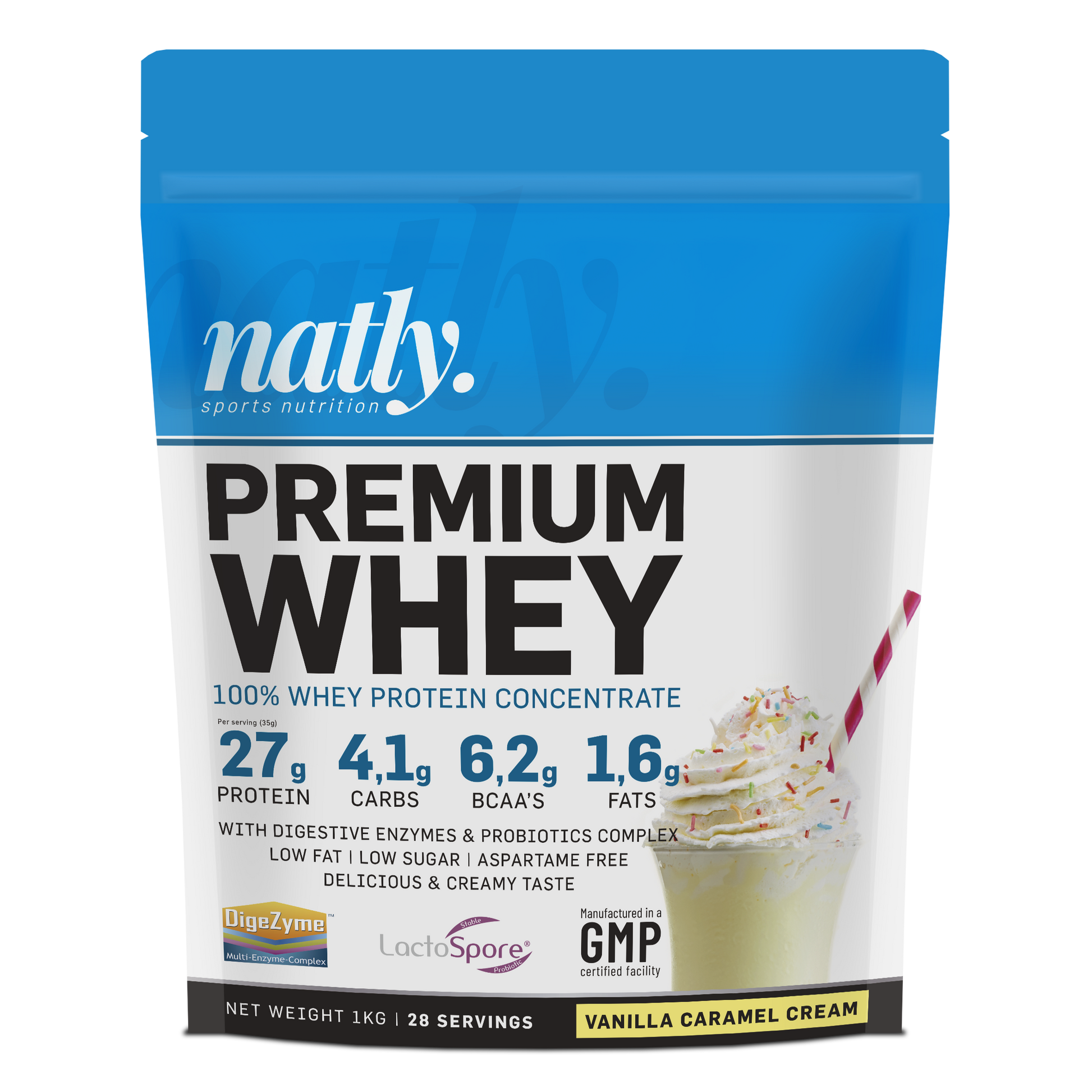 Natly Premium Whey 1kg sabor Vanilla Caramel Cream